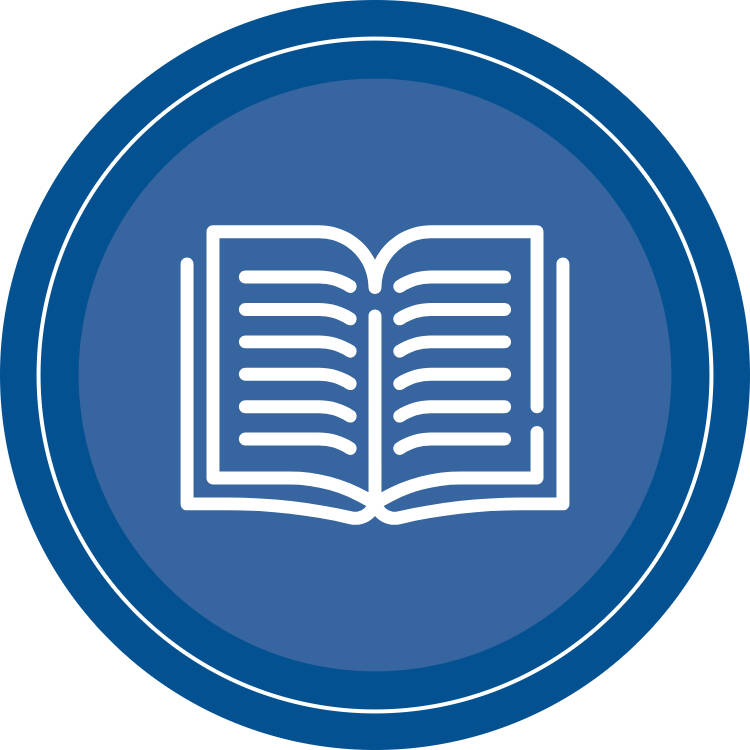 Intellectual wellness round icon, with a blue background and an open book icon in the center